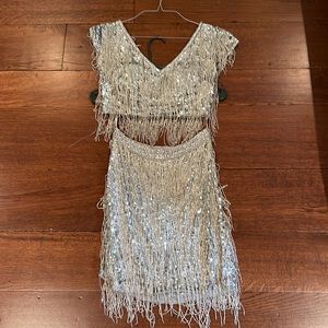 Sherri hill two piece silver fringe dress size 2